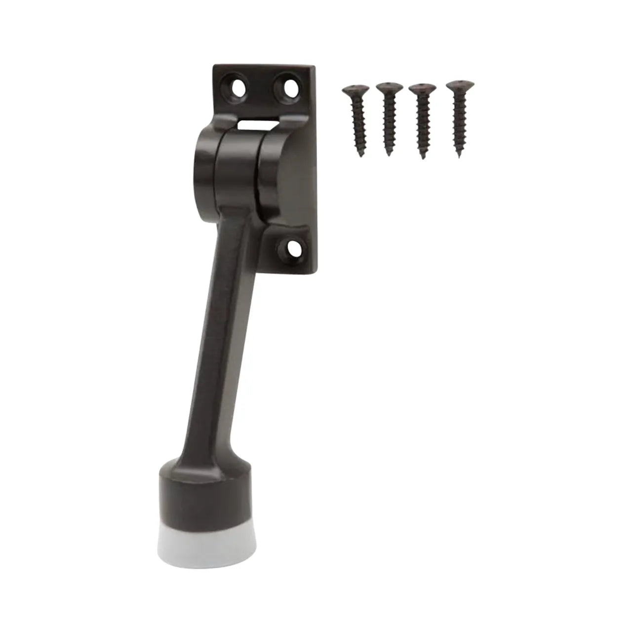 The Go Build Commercial Grade Kick Down Doorstop in oil-rubbed bronze features a white rubber tip and includes four matching screws for wall or door installation, shown against a white background.